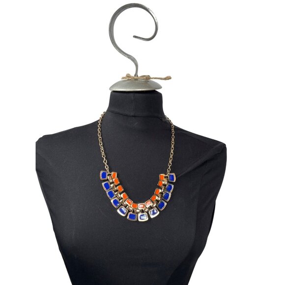 Orange & Blue Statement Necklace With Double Row Square Resin Accents On Gold-To - Picture 1 of 9
